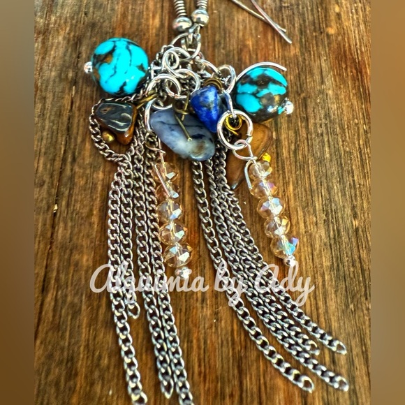 Lapis turquoise western rustic brass fringe statement dangle earrings - Picture 1 of 8